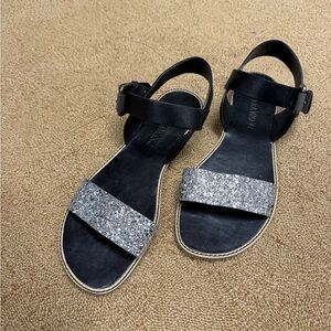 Vera Wang Black Leather and Silver Glitter Sandals